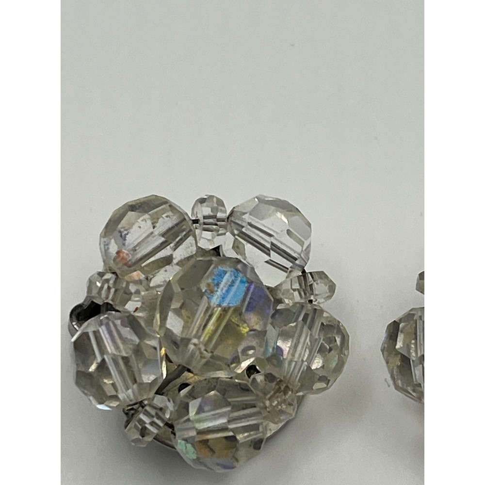 Vintage Aurora Borealis Crystal Cluster Clip On Earrings Iridescent Silver Tone - Picture 7 of 11